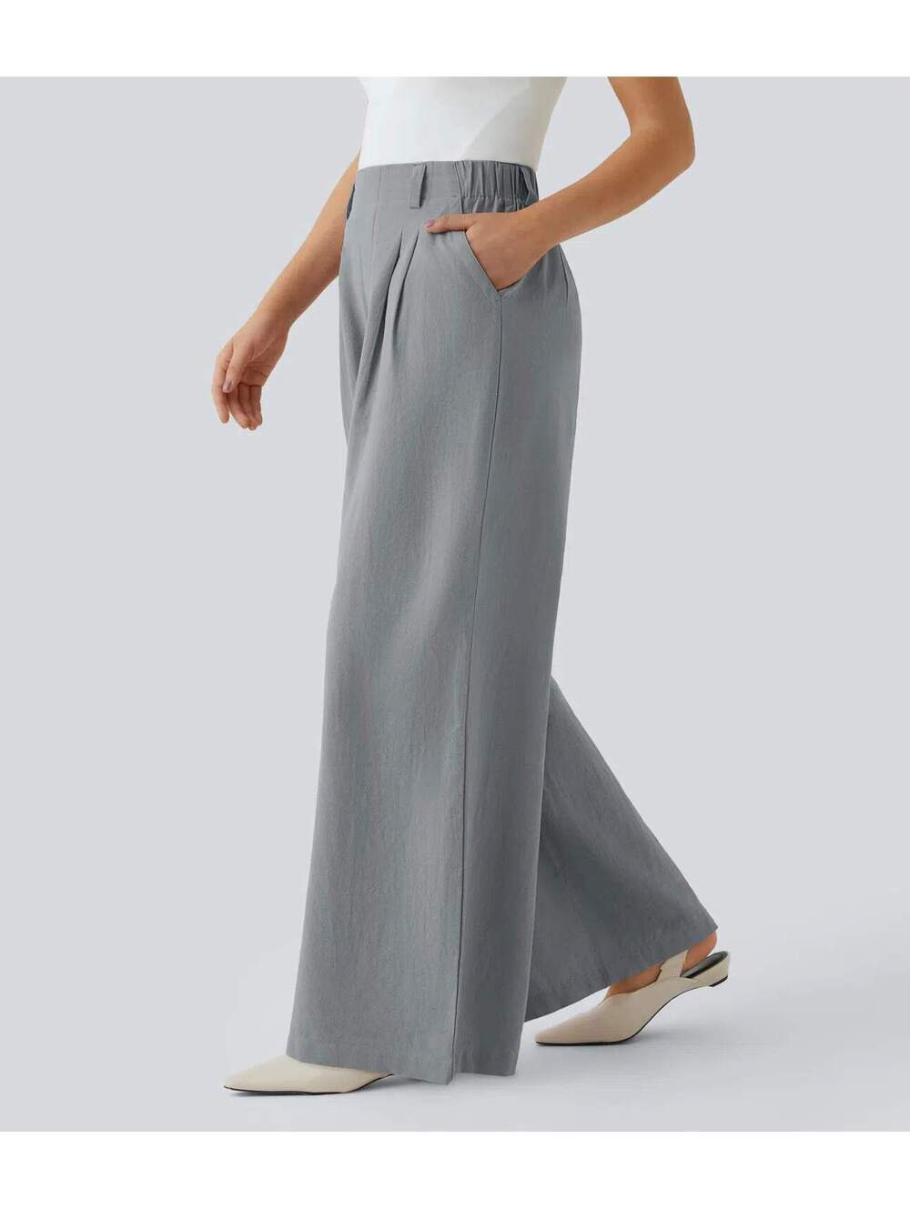 High Waisted Wide Leg Flowy Palazzo Casual Linen-Feel Pants Quarry Size XL - Picture 6 of 8